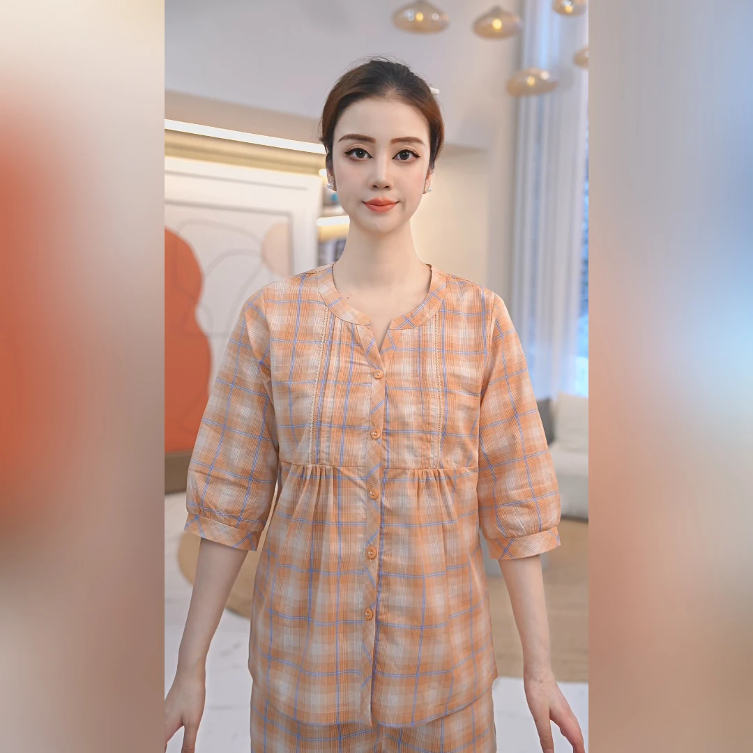 秋鹿夏天梭织格七分袖九分裤女套宽松