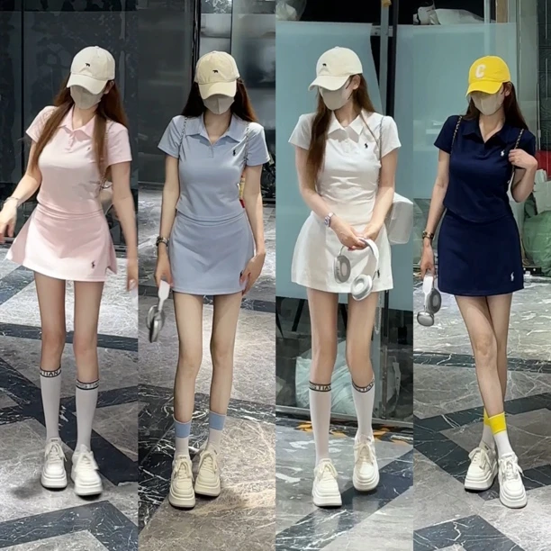 夏装翻领刺绣小马休闲运动减龄上衣POLO衫＋裙裤防走光半身裙套装