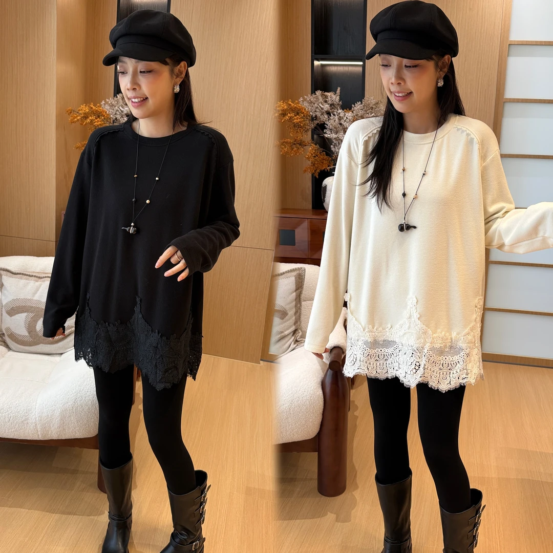 二姐的宝藏秋冬水溶蕾丝纱立体镂空不规则花边显瘦长袖T恤#25500