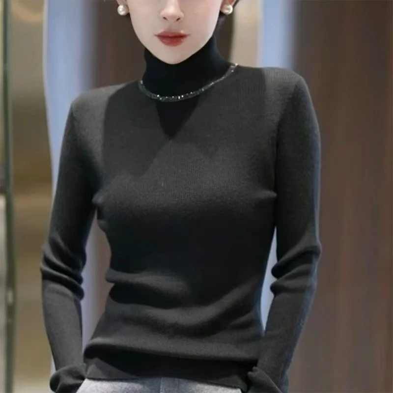 C532#时尚圆领春秋款烫钻显瘦打底衫（均码 90~130斤）