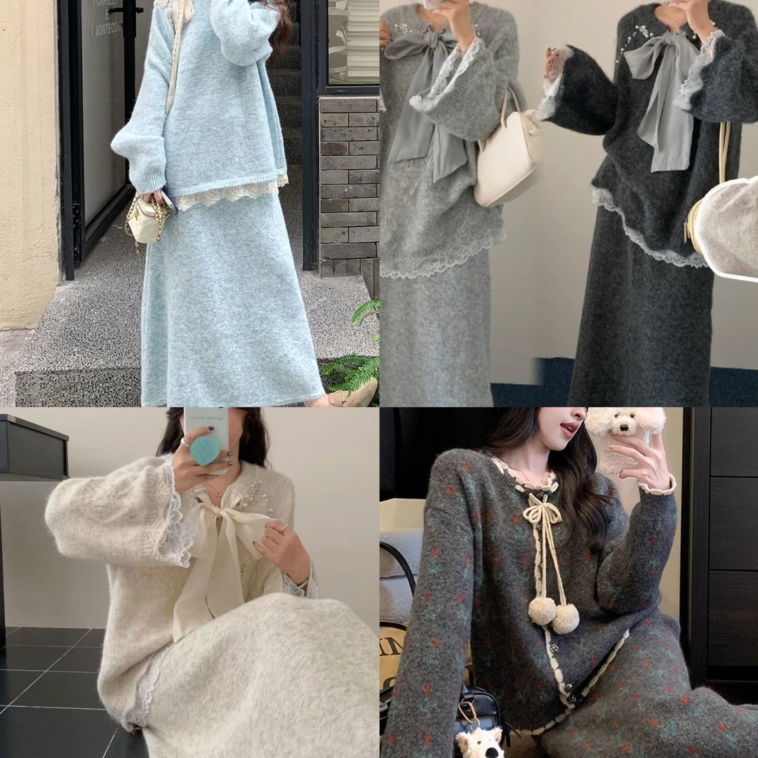 慵懒针织大码花边秋冬套装两件套温柔新款毛衣宽松显瘦蕾丝半身裙