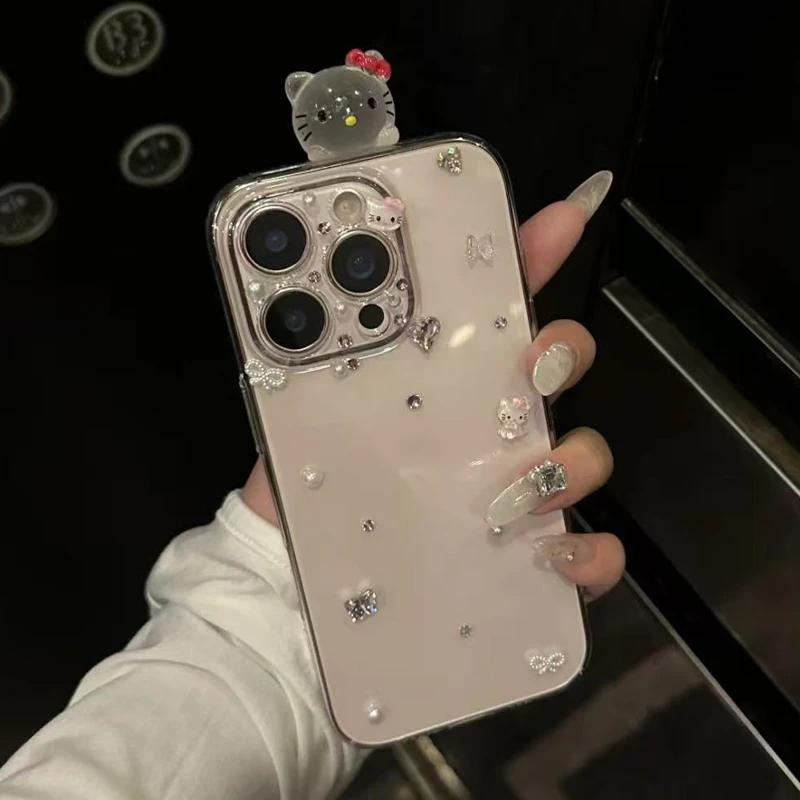 新款水钻夜光KT猫少女心适用苹果16手机壳iPhone15promax保护套