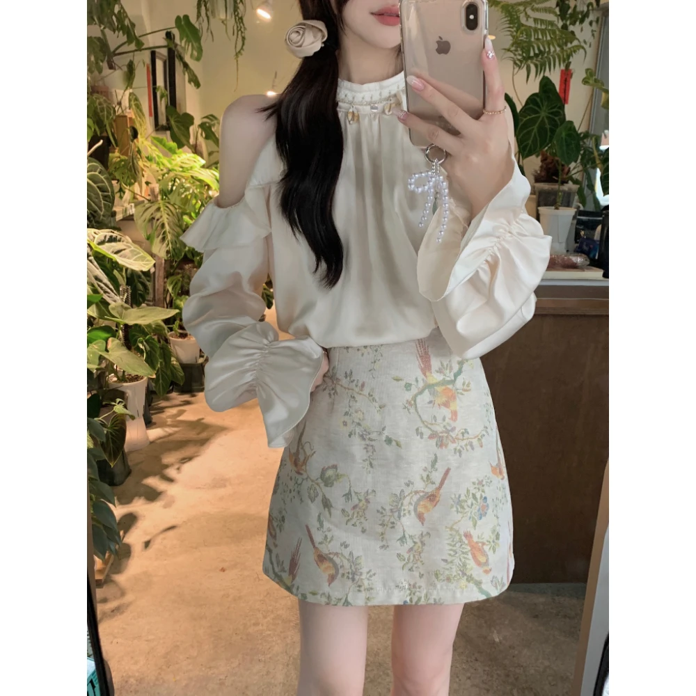 2025夏季温柔风钉珠贝壳露肩气质衬衣复古国风提花刺绣A字半身裙