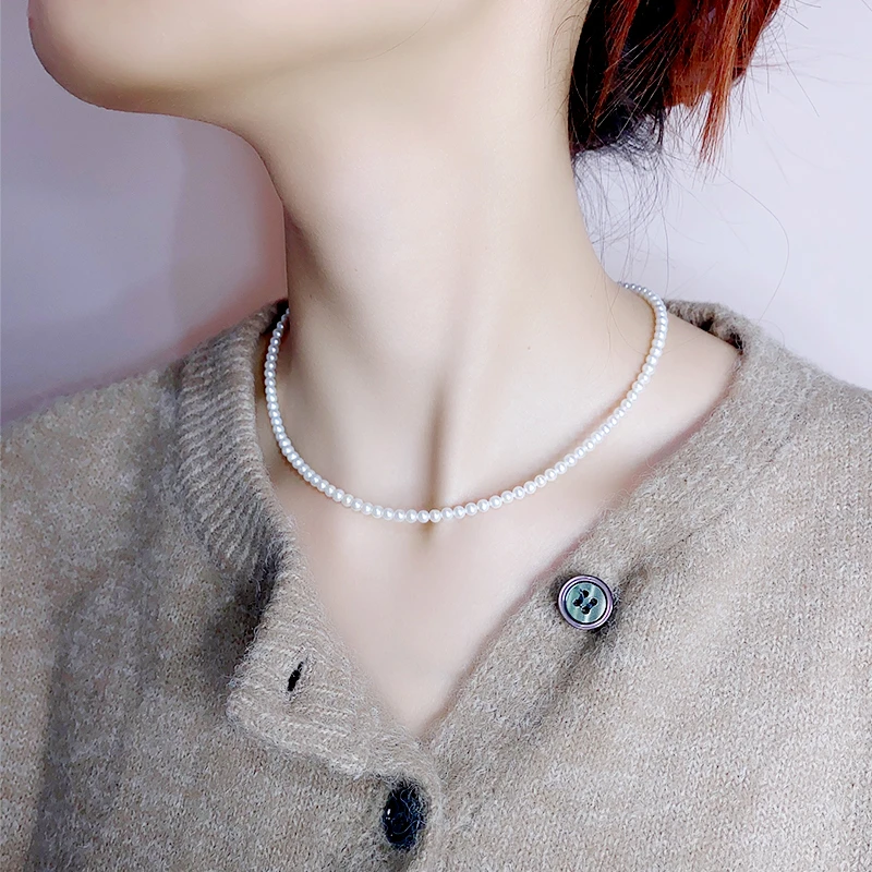 (冷白光无暇）小米珠项链淡水珍珠项链3-4mm锁骨链小米珠baby项链