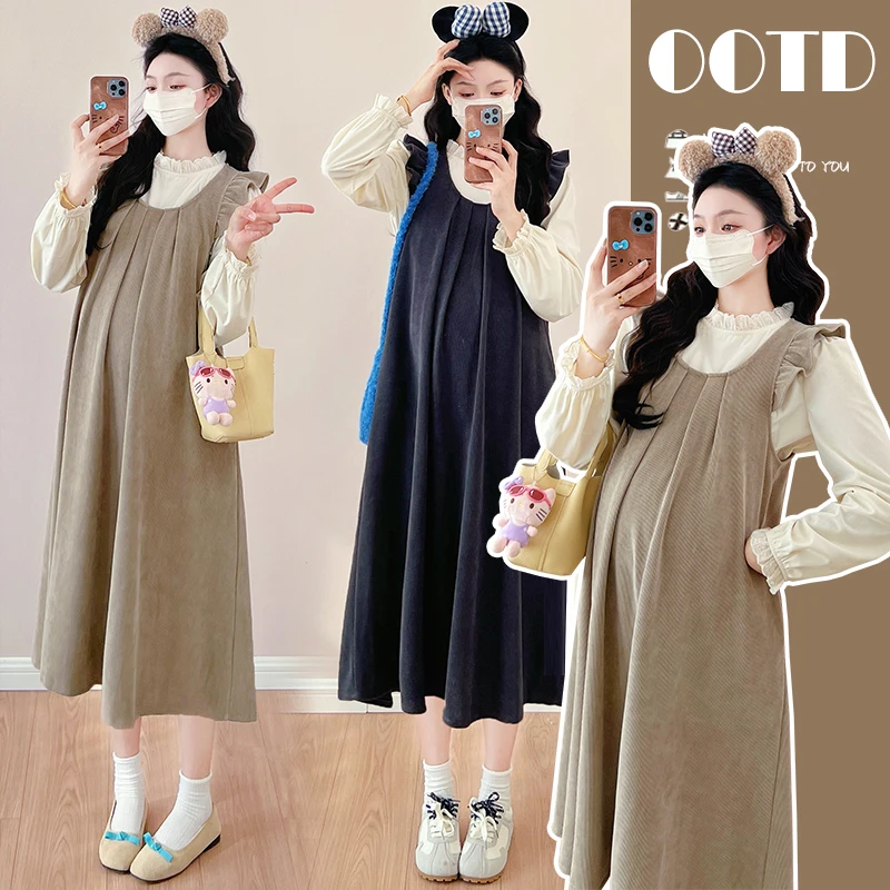 【颜若兮】2025秋冬季新款洋气孕妇蕾丝领衬衣+A字连衣裙显瘦两件套