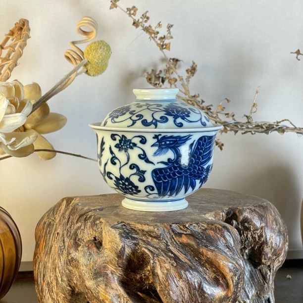 景德柴窑 凤凰盖碗 0044