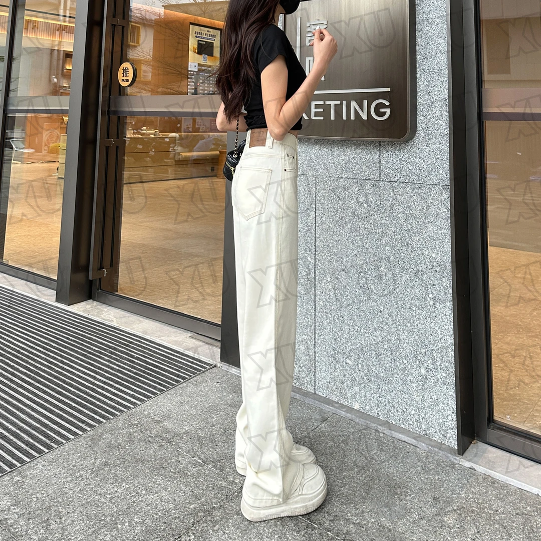 7492 Q米杏色阔腿牛仔裤女新款夏季高腰显瘦宽松直筒加长拖地裤