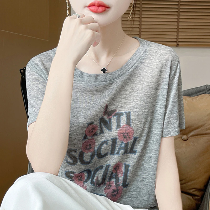字母印花短袖t恤女夏季2025新款打底衫洋气大码女装冰丝针织上衣