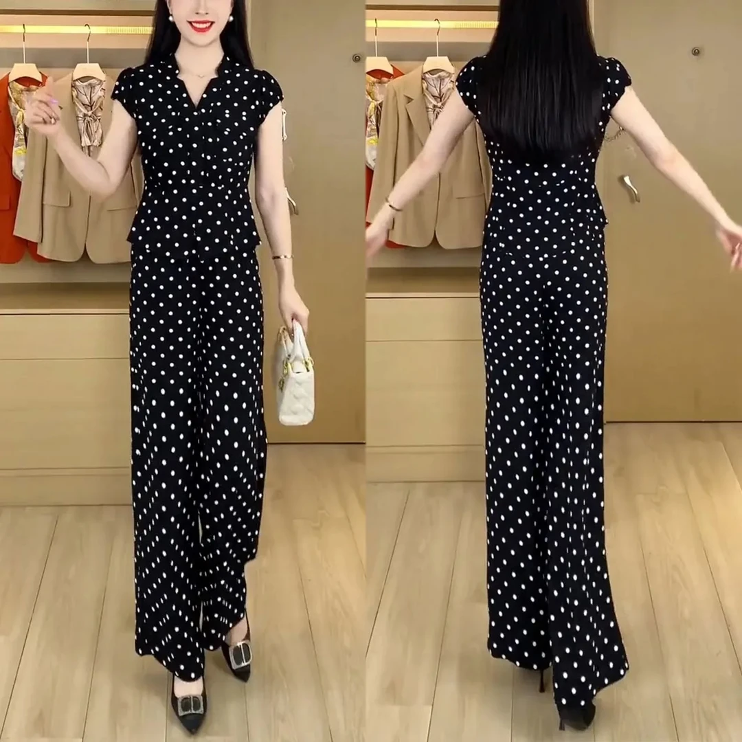 2025夏季新款小个子气质显瘦短袖波点上衣阔腿裤子休闲两件套装女