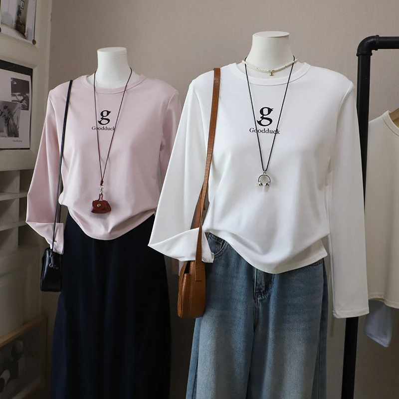 [比正]2026早春新韩版字母印花显瘦百搭镂空长袖T恤打底衫女5886