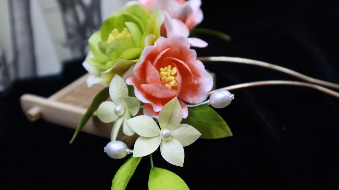 非遗绒花橙绿牡丹古风纯手工古典发簪日常