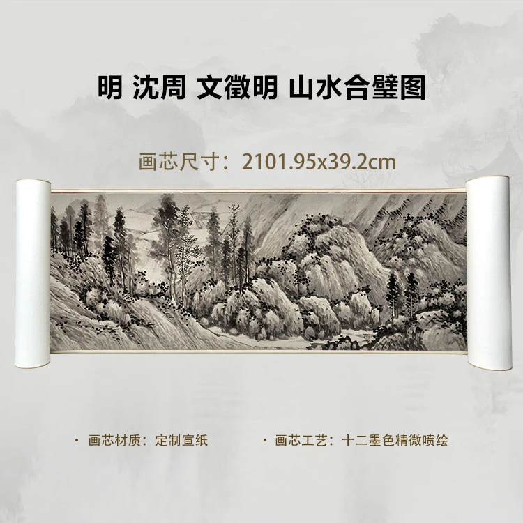 明 沈周 文徵明 山水合璧图国画微喷客厅背景高清复刻精装裱卷轴
