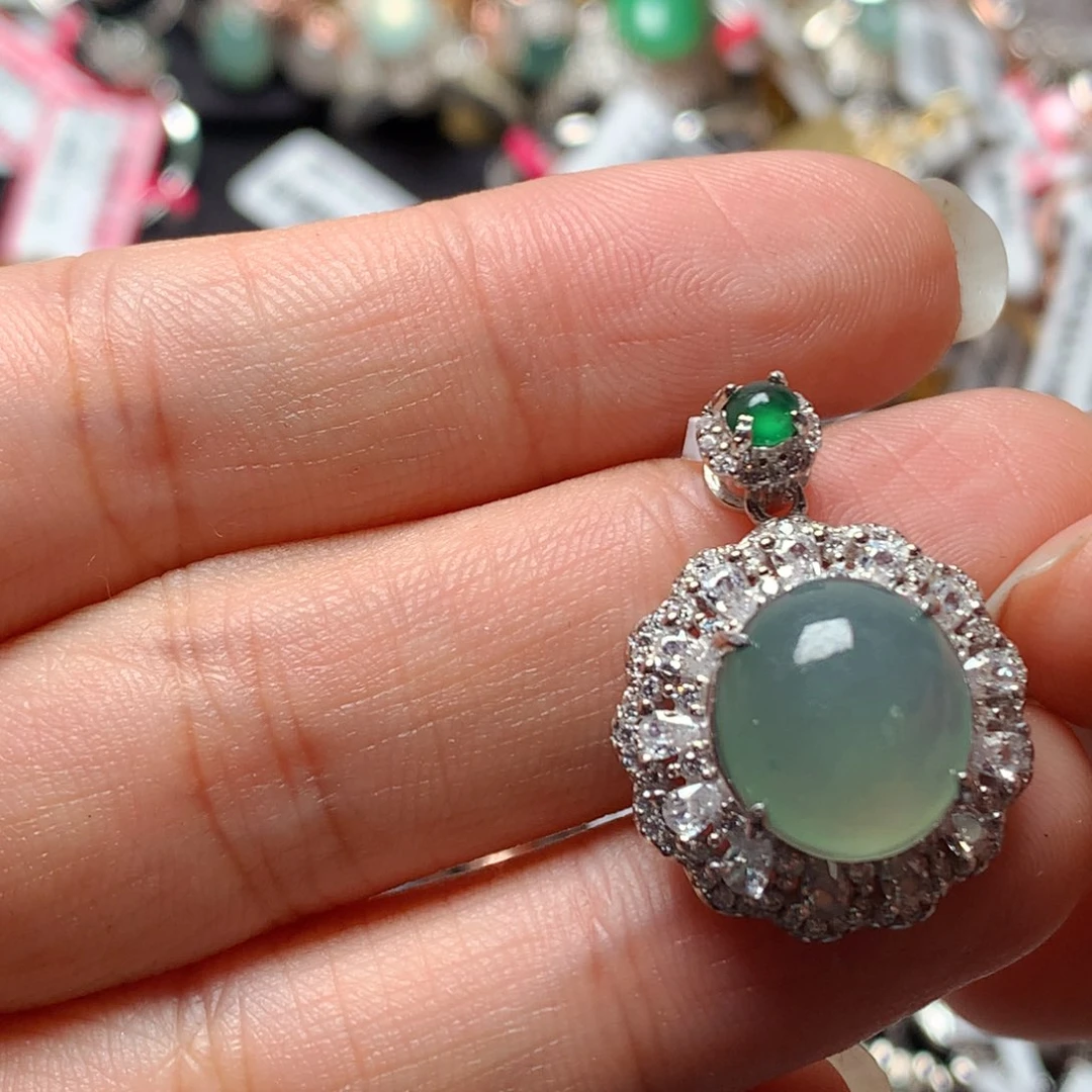 翡翠戒指银S925镶嵌天然翡翠吊坠