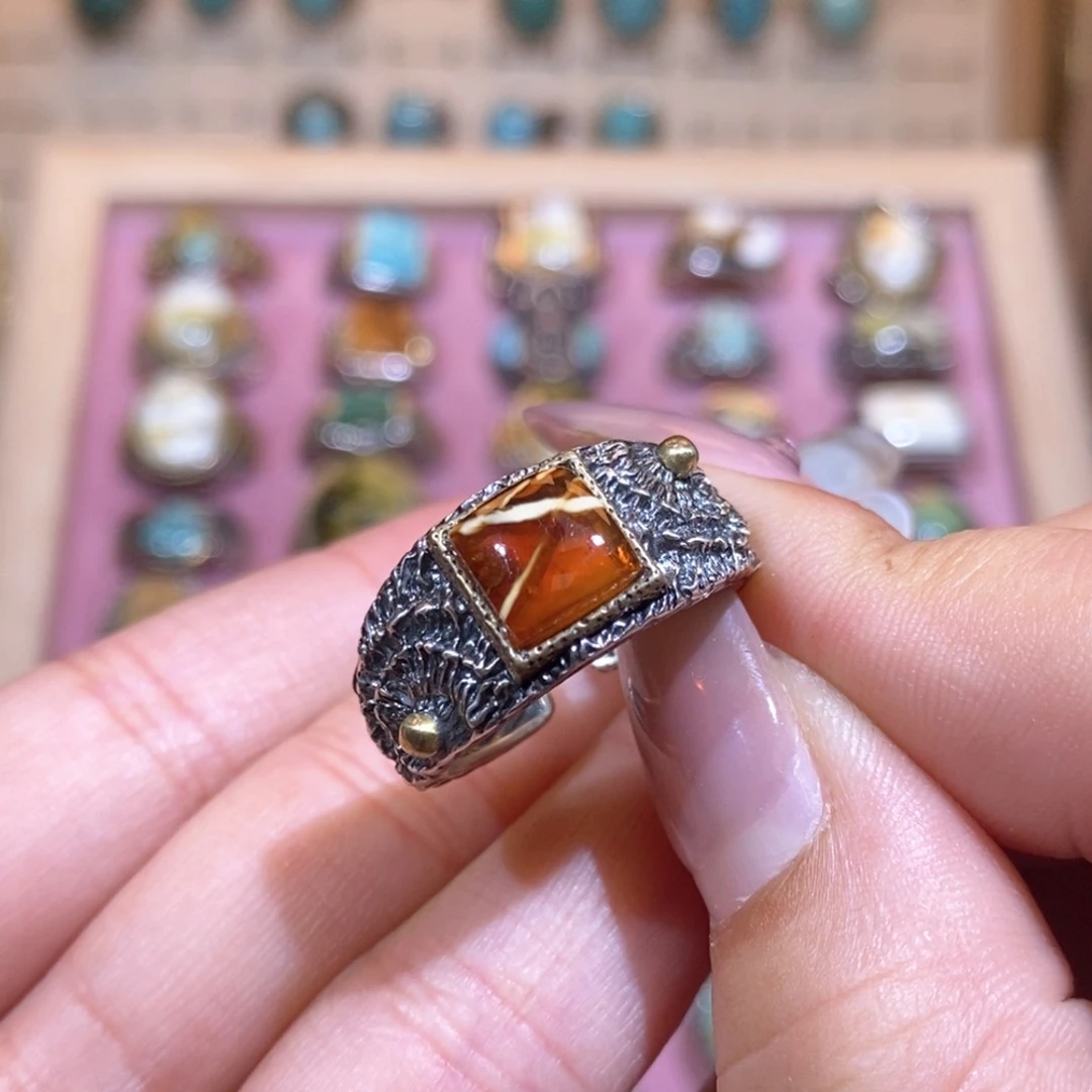 琥珀戒指银S925镶嵌戒指