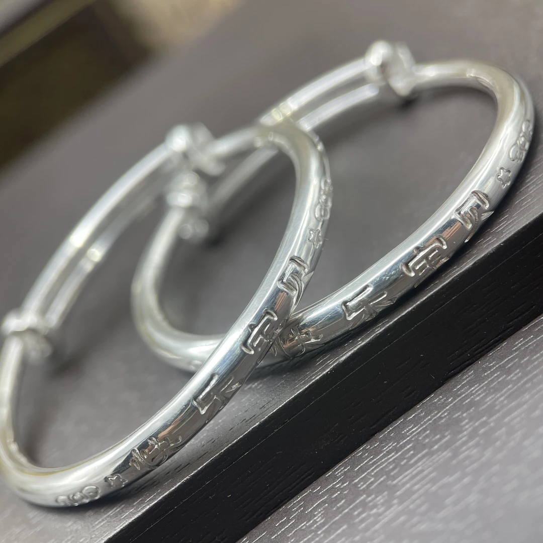 足银手镯 154号足银999.9亮面宝宝吉言银手镯推拉可调节约25克