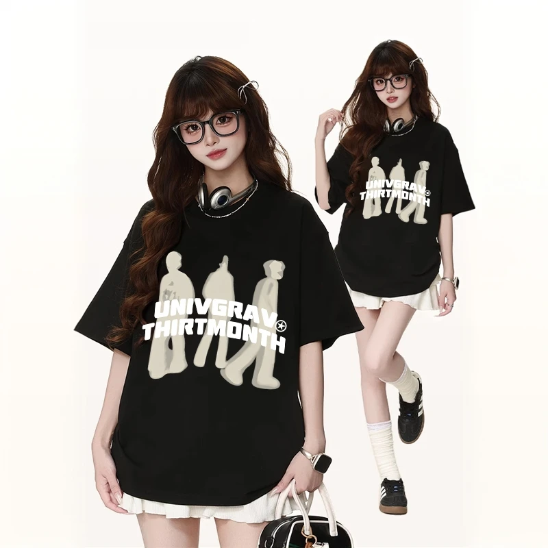 美式复古抽象人像印花潮牌纯棉短袖t恤夏季宽松情侣上衣#T018196