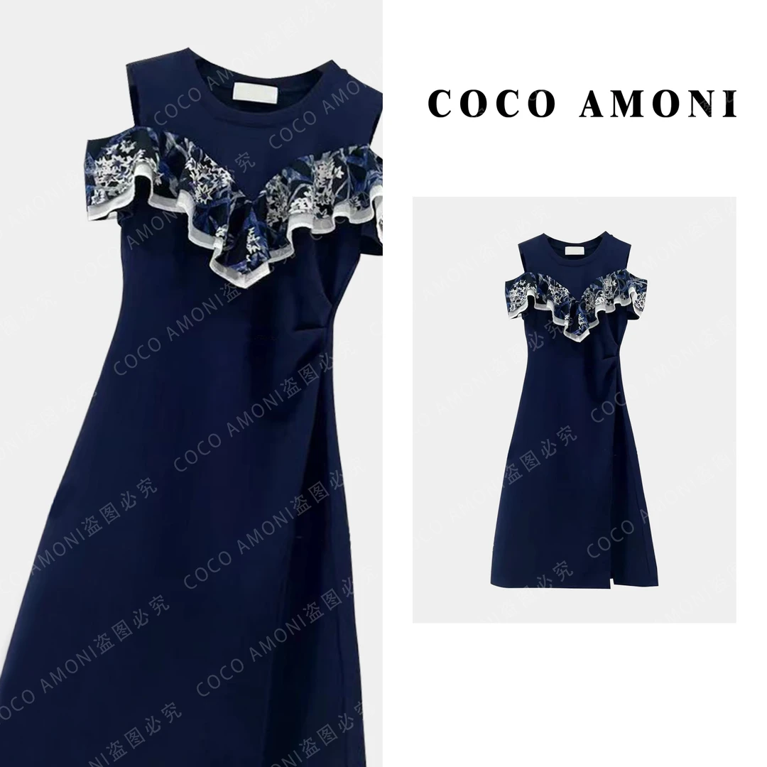 夏季轻奢时尚百搭露肩拼接百搭捏褶收腰连衣裙ZP272