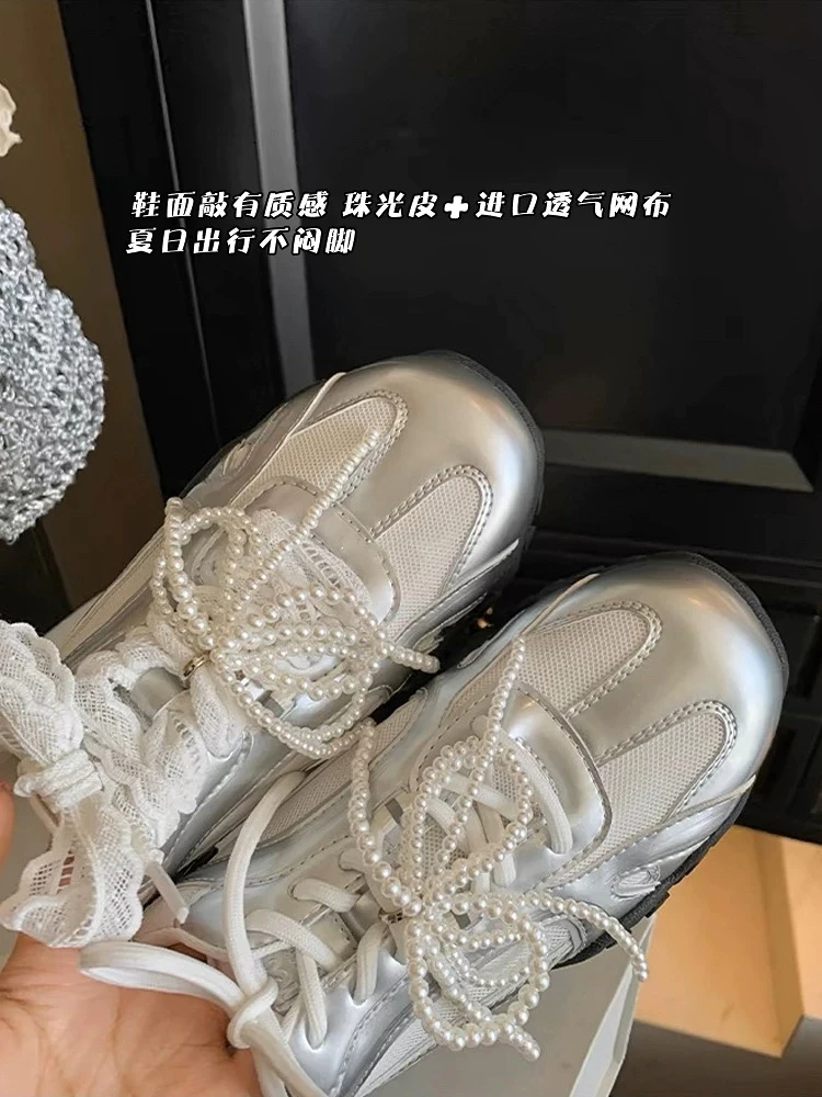 6CM内增高德训鞋女蕾丝珍珠夏新款银色厚底网面休闲运动鞋阿甘鞋