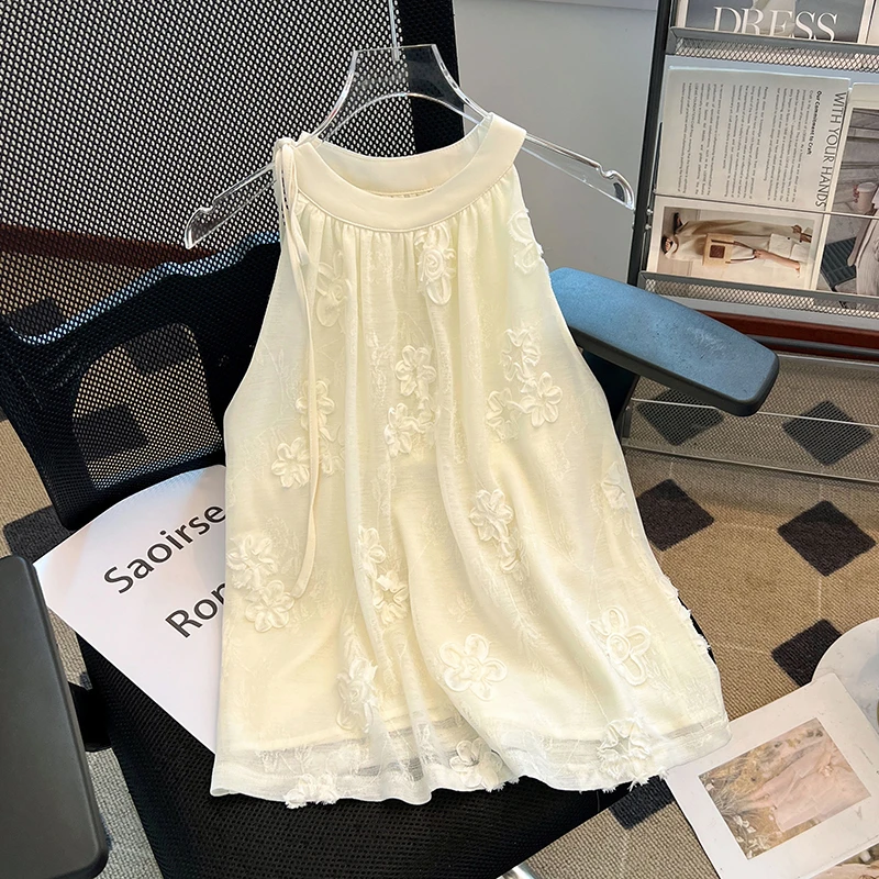 法式甜美无袖雪纺衫女夏季时尚宽松显瘦小众别致挂脖系带绝美上衣