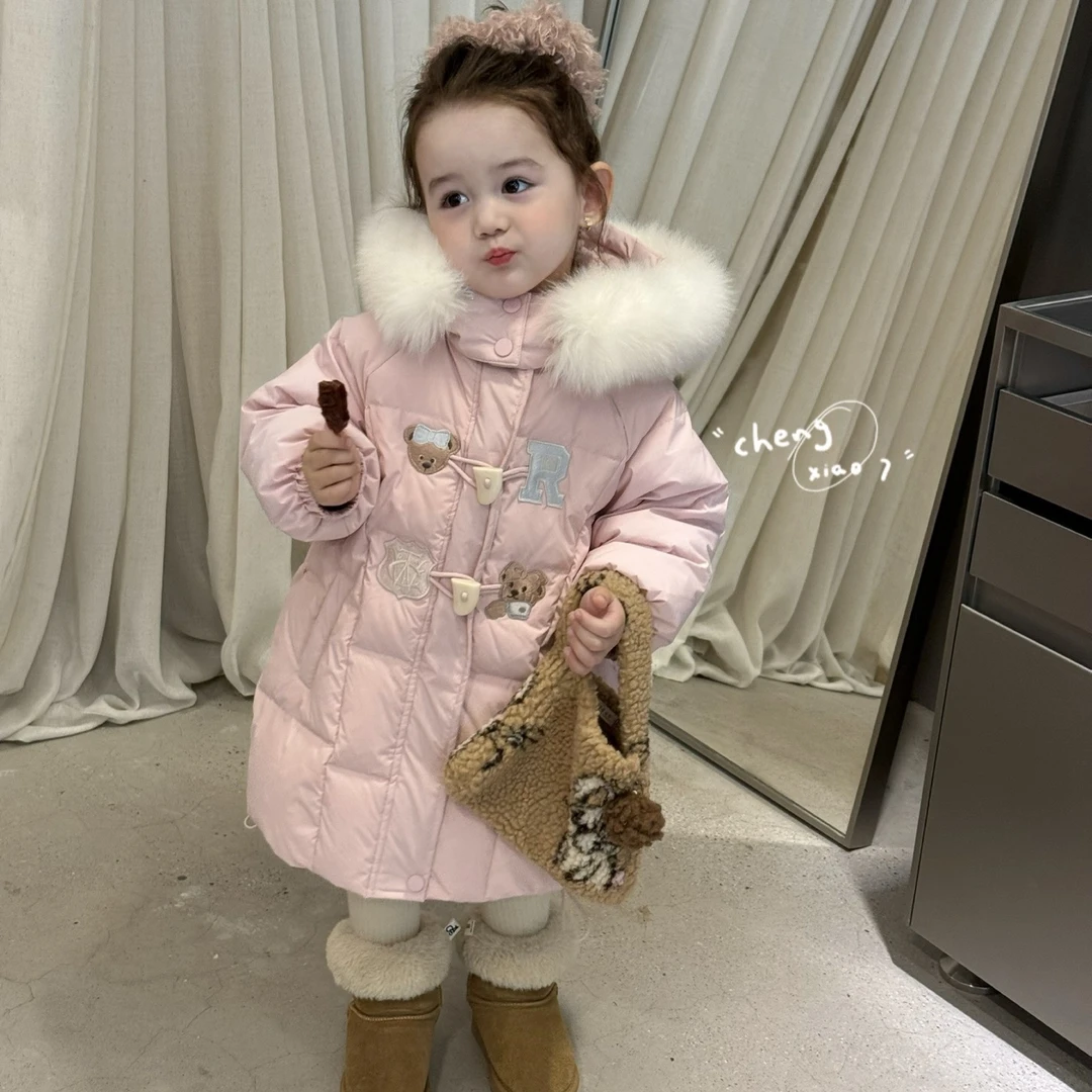 橙小七 5536粉色冬款女童90绒卡通刺绣连帽羽绒服中长款（汉服）
