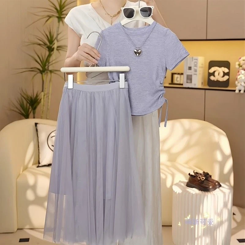 女童短袖半身裙套装夏装2025新款洋气女孩纯色T恤气质纱裙中大童9