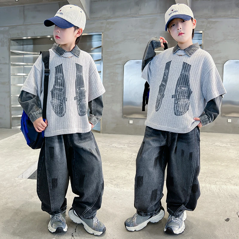 男童秋装牛仔三件套装春秋款2025新款儿童装男孩秋季大童酷帅气潮