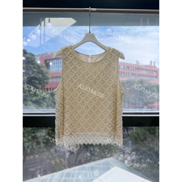 JOJO MUSE【浮生花事】新款重手工钉珠珍珠亮片花朵背心