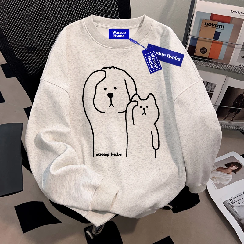 WASSUP HSUBE白灰色潮流百搭圆领重磅卫衣秋季男女美式上衣情侣装