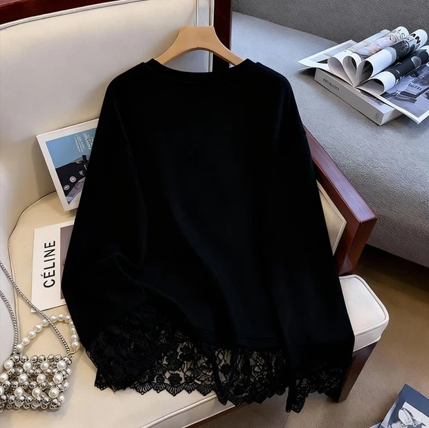 蕾丝底摆圆领上衣大码女装韩版宽松冬款遮肚子休闲小衫外穿遮屁股