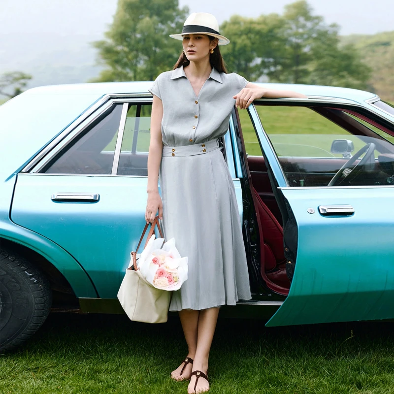 译依YIYI 旧金山 LP风金属扣丝麻无袖衬衫&高腰半身裙高级感套装