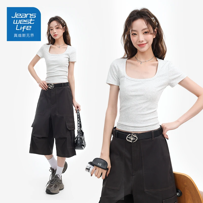 真维斯无界方领正肩短袖t恤女2025新款纯色修身露锁骨时尚打底衫