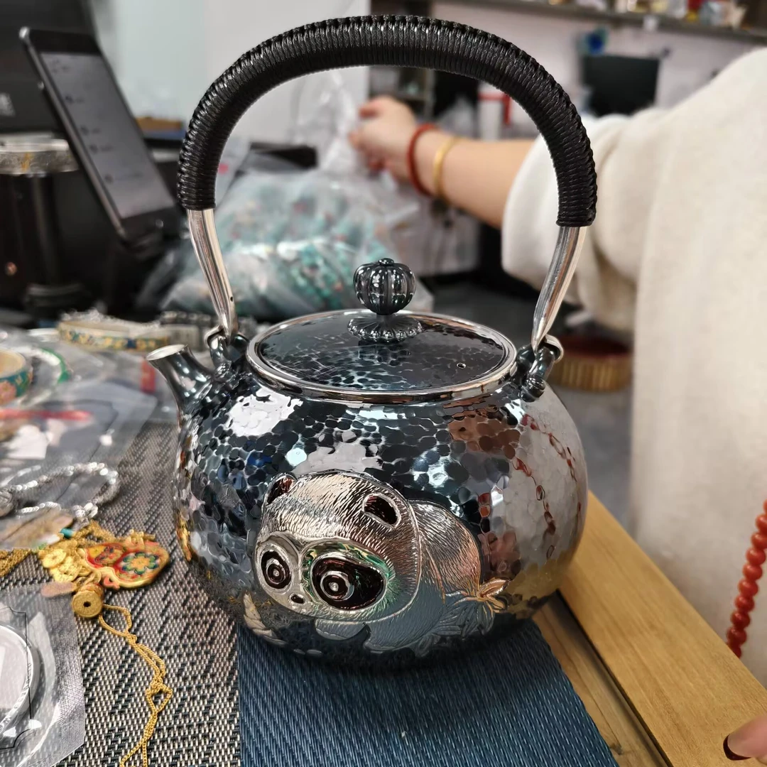 九乐 足银银制品 999亮黑熊猫烧水壶