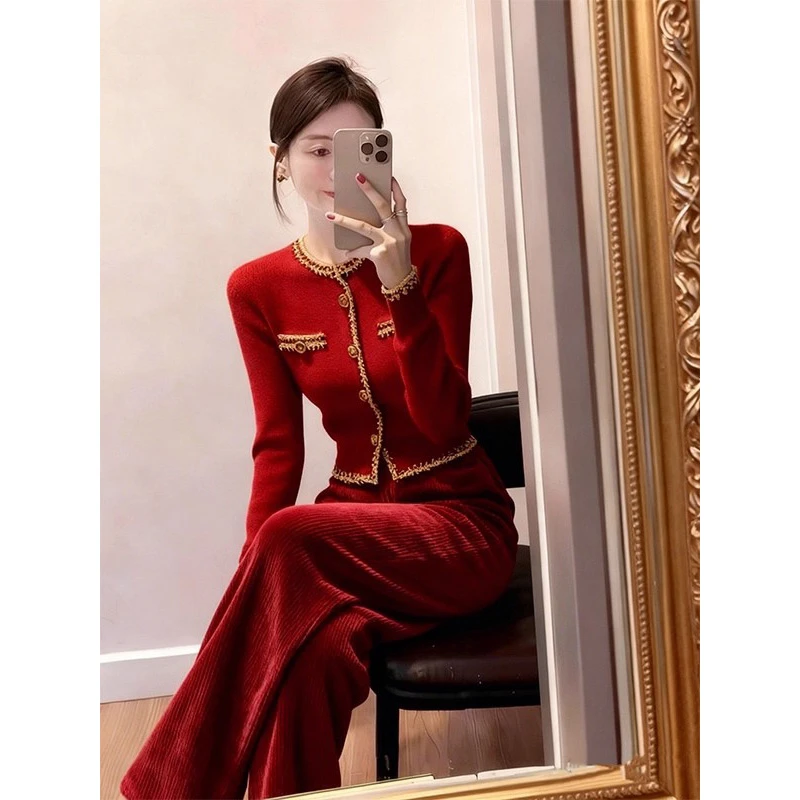 独特超好看富家千金冬装小香风红色针织衫毛衣百搭阔腿裤套装女