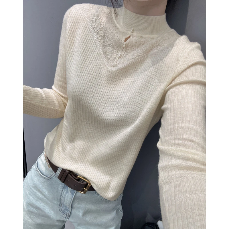 秋冬款时尚提花针织衫长袖女气质修身毛衣半高领打底小衫镂空上衣