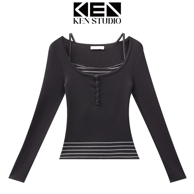 KEN STUDIO春季新款灰色假两件长袖T恤修身显瘦女打底衫内搭上衣