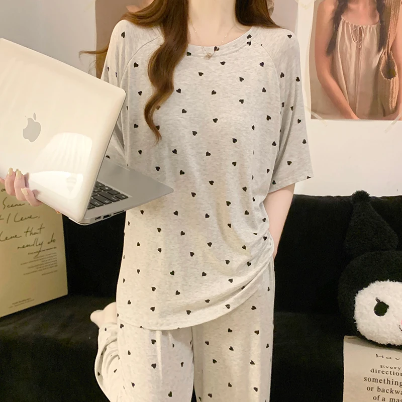 睡衣女薄款春夏季莫代尔短袖长裤韩版新款爱心浅灰休闲带胸垫套装