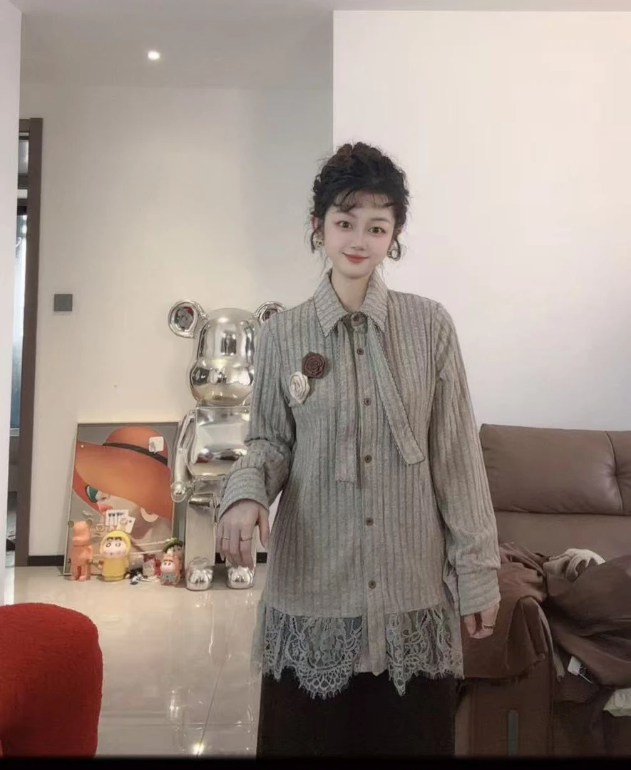 长袖极简风衬衫袖秋季蕾丝不起球衬衫条纹拼接半身裙套装