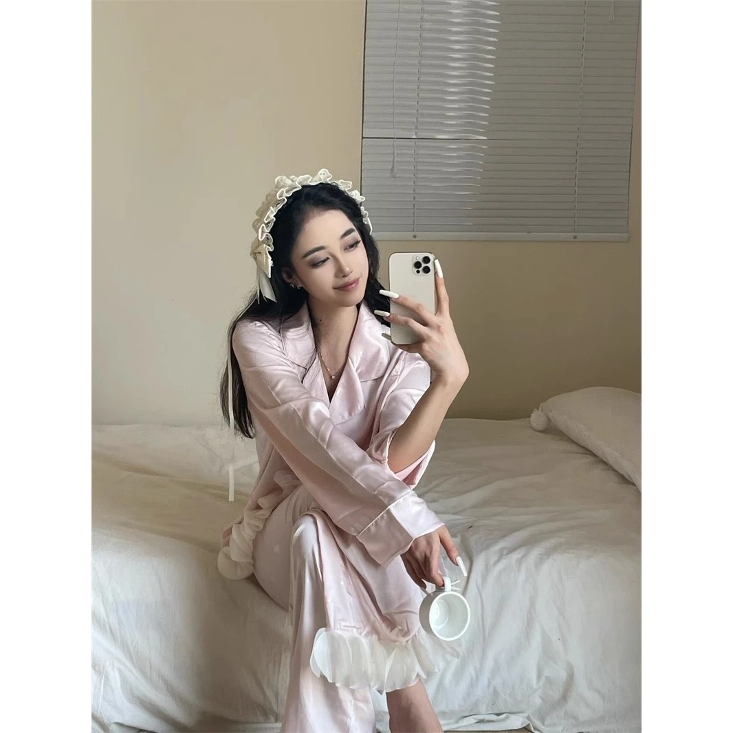 法式甜美公主风纯色花边缎面睡衣女春款裸感家居服