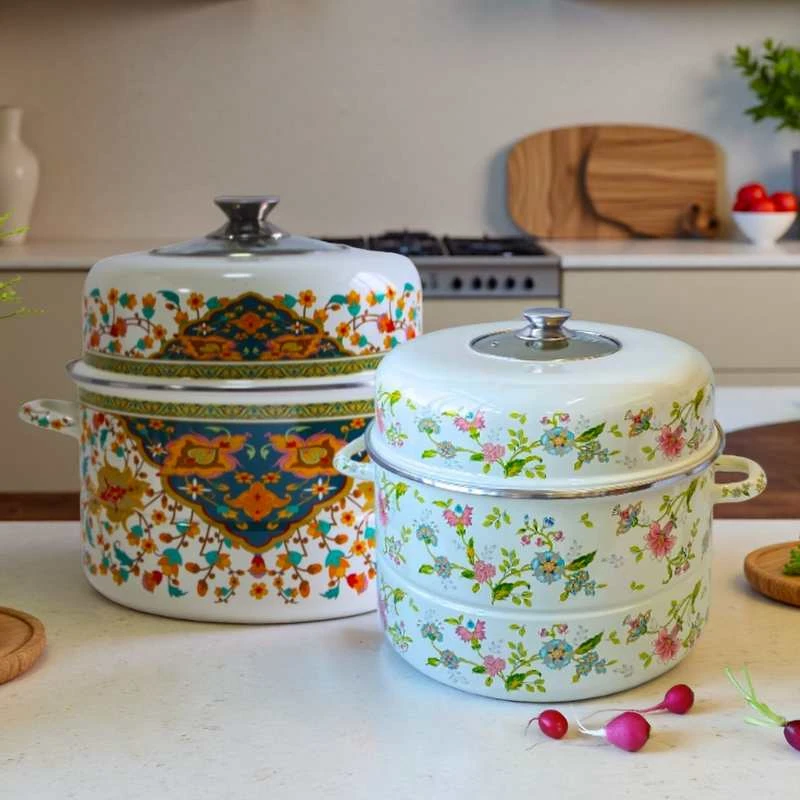 【七喜】30cm蒸锅芳香俄罗斯午马双层搪瓷珐琅双层可视盖电磁炉燃气