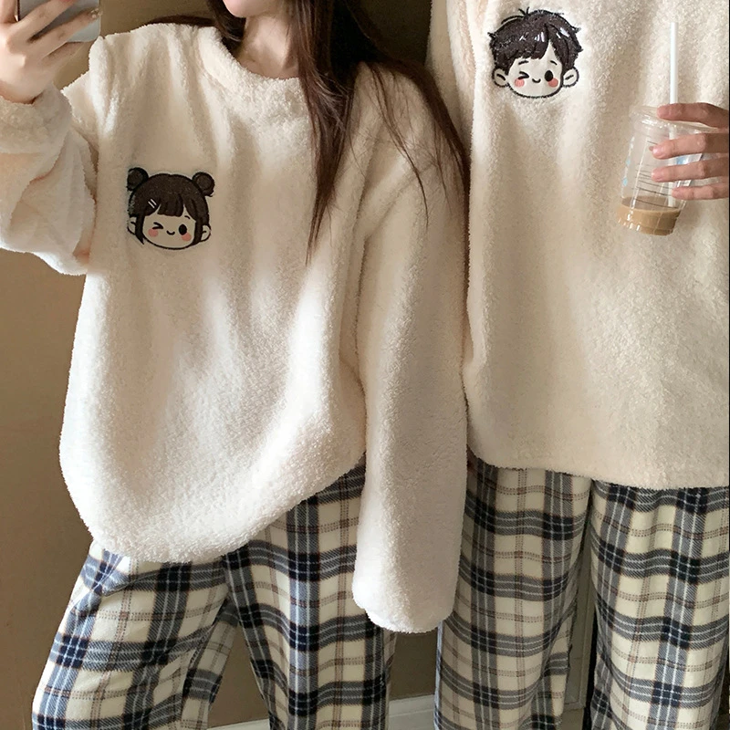 加绒加厚米粒绒女款卡通睡衣秋冬圆领情侣珊瑚绒法兰绒男士家居服