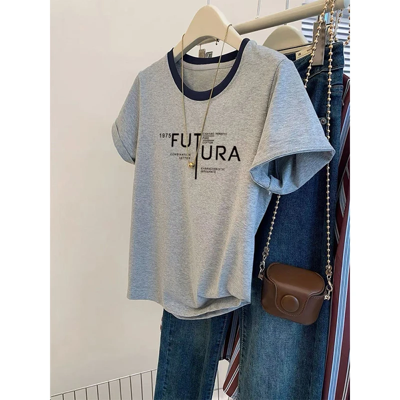 灰色拼色纯棉短袖T恤女2025夏季新款欧货宽松显瘦圆领印花上衣潮