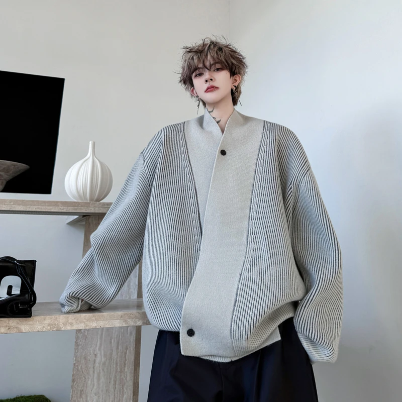 冬款复古条纹V领斜扣针织开衫毛衣男设计感小众加厚慵懒风外套潮