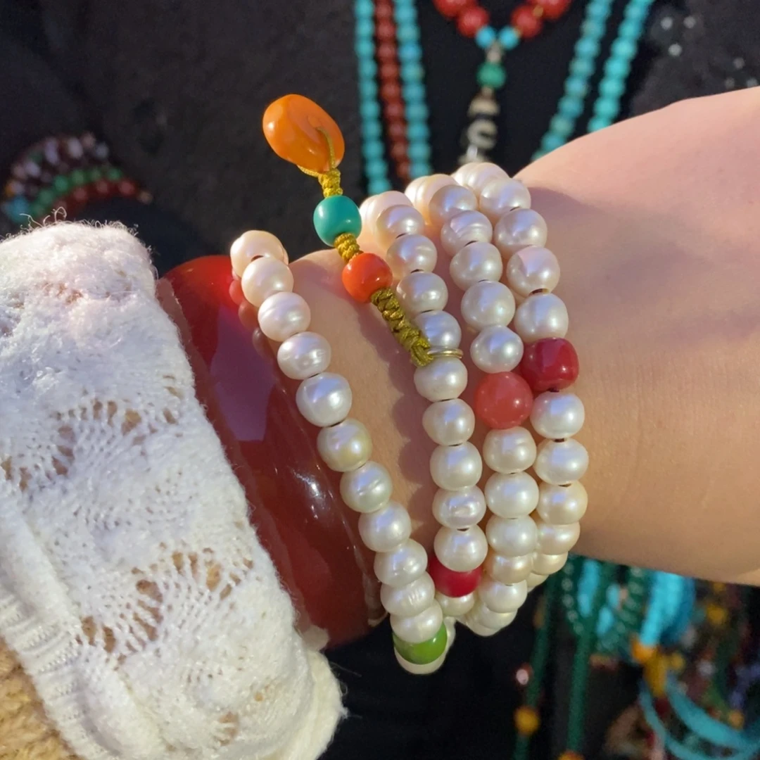 淡水珍珠画框银S925镶嵌老珍珠佛珠108项链