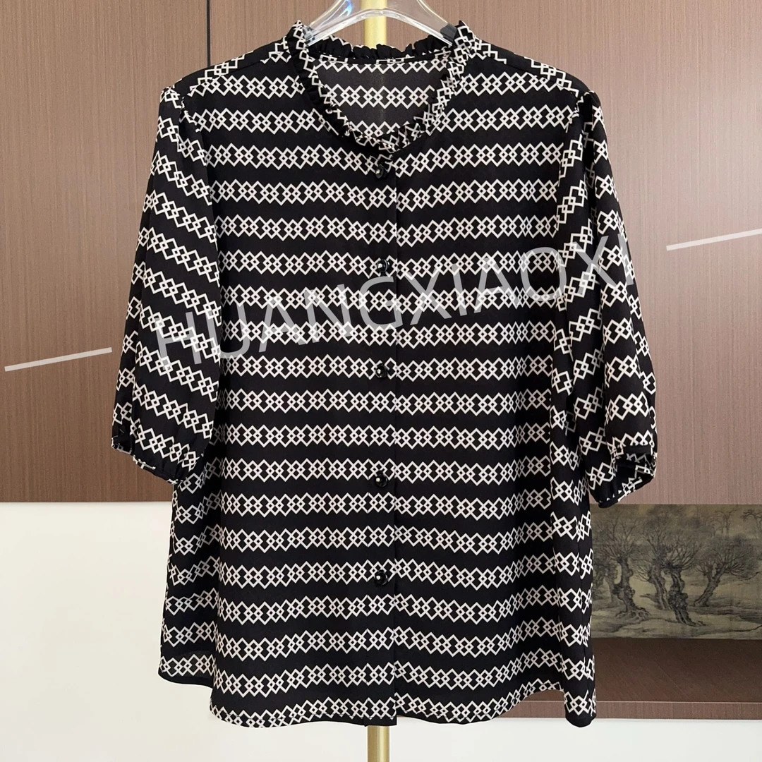 HUANGXIAOXI 黑底菱形纹花边领开衫高级感小衫 HXX-157