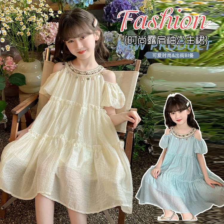 2025新款女童夏日波西米亚风露肩连衣裙洋气中大童韩版甜美度假风