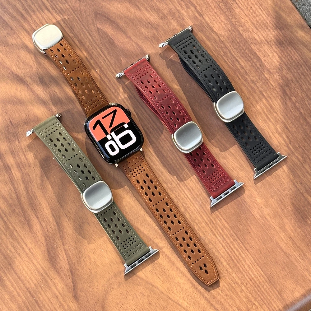 适用苹果iwatchs11/10手表带磁吸ultra牛皮s9透气8夏季男款高级感