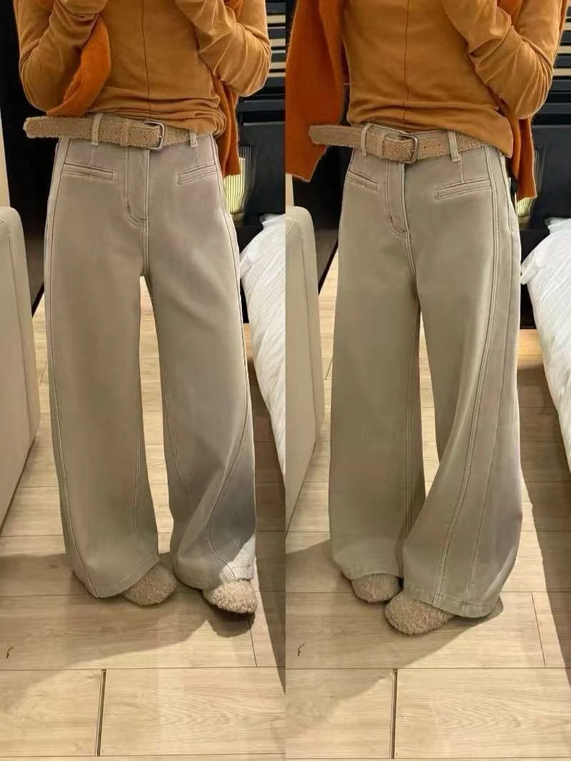 2025秋冬新品时尚女牛仔阔腿裤高腰复古常规直筒裤平口袋设计款