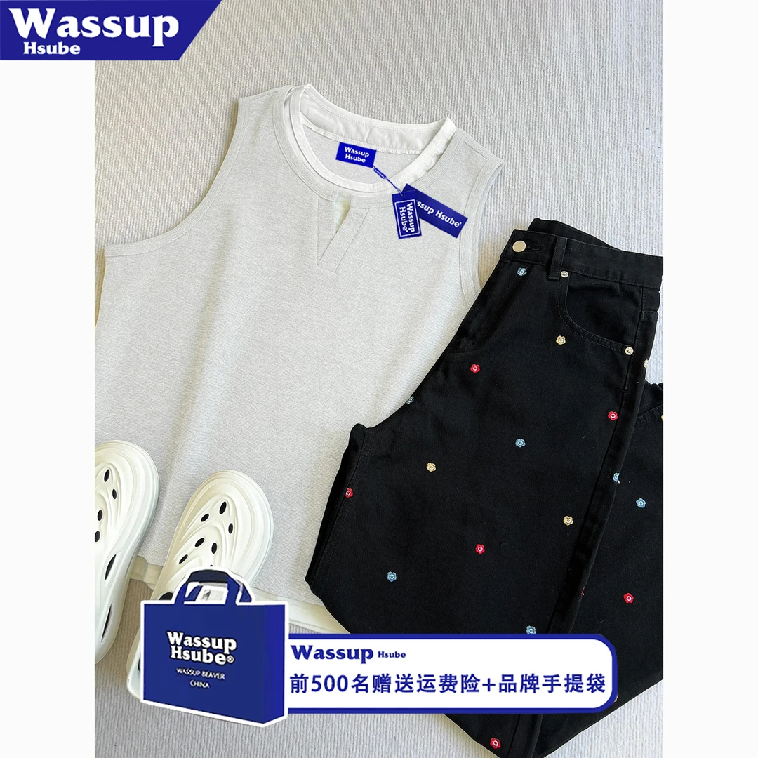 WASSUP HSUBE美式休闲运动坎肩背心男ins夏季无袖T恤宽松纯色上衣