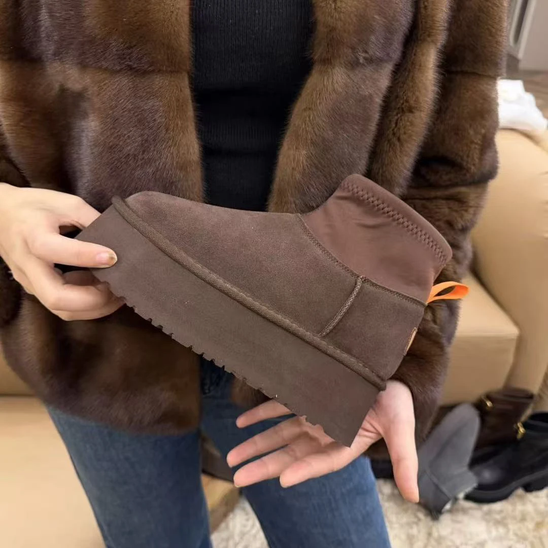 古再丽（5831）真皮厚底6cm时尚百搭加绒雪地靴女冬防滑保暖短筒靴