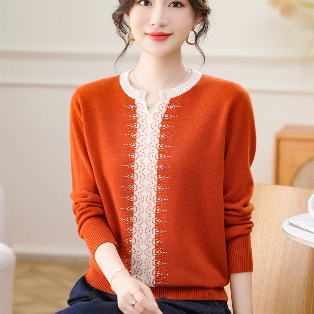 【100%绵羊毛】秋冬新款剪刀领羊毛打底烫钻显瘦保暖针织衫